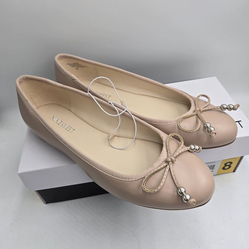 Nine West Women’s Beige Nude Ballet Flats Slip-On Round Toe Bow Bead Size 8 NIB